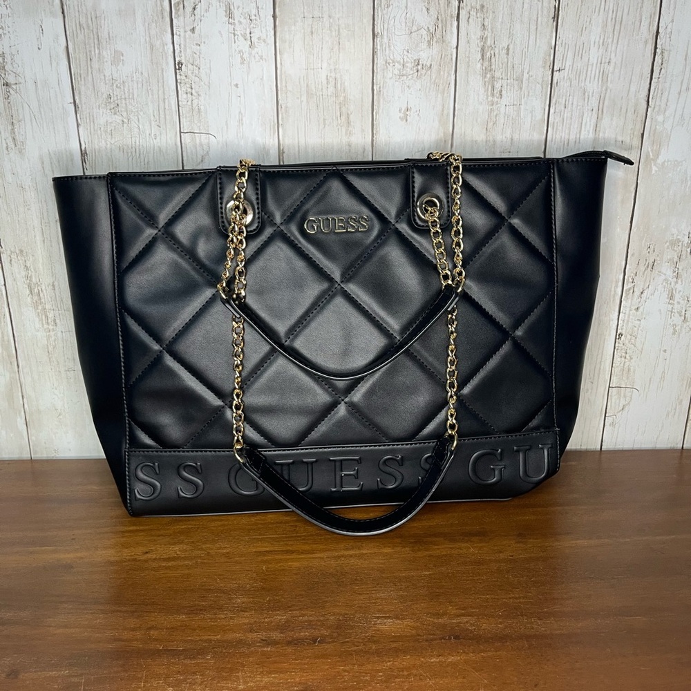 GUESS Black‎ Quilted Tote with Gold Chain